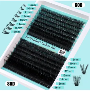 Vue détaillée du kit de 320 faux cils individuels avec densité 60D 80D en 9-16mm