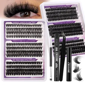 Professional DIY Lash Extension Kit Cluster Lashes With Bond And Seal Glue Remover Tweezer Brush Synthetic Fiber Black D Curl Mixed Length For Women Makeup