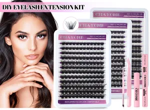 DIY cluster eyelash extension kit with 10-16mm lashes, bond & seal, remover, and pink tweezers