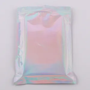 Front view of laser holographic resealable packaging bag with hanging hole on white background