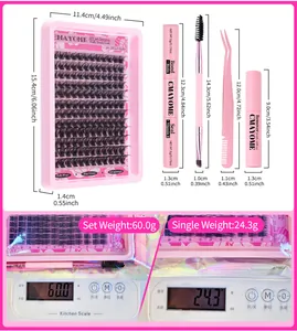 Detailed view of DIY eyelash extension kit components with measurements and scale weight