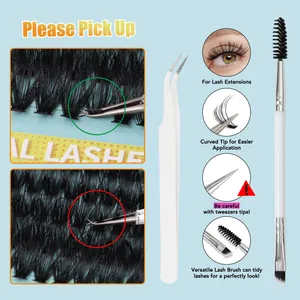 DIY eyelash extension kit featuring curved tip tweezers and a dual-ended lash brush tool