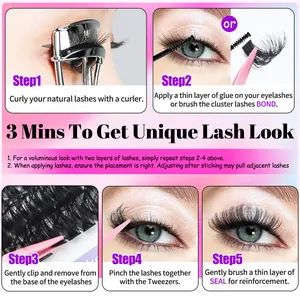 Five-step DIY cluster lash extension process with bond, seal, and pink tweezers