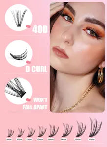 Detail van 40D individuele wimpers D-krul set met 9-16mm cluster wimperlengtes