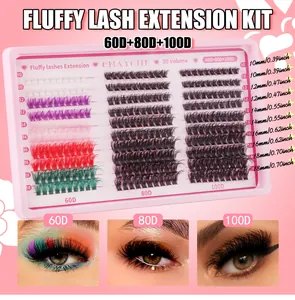 Detail of colorful individual eyelash kit showing 60D 80D 100D densities and 10-18mm lengths