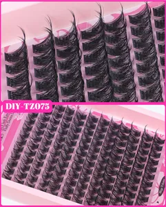 Macro detail of DIY lash extensions set in pink box with size scale and fluffy drama texture