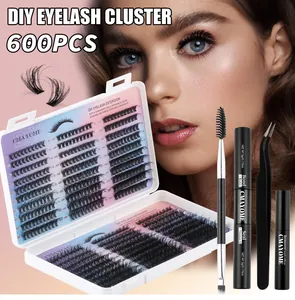 Detailed DIY eyelash cluster kit with 600pcs, bond, seal, remover, and tweezers set