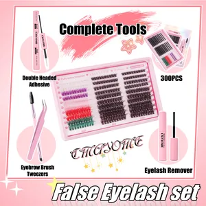 300PCS individual colorful eyelash cluster set with glue, seal, remover and tweezers