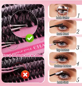 5-step application guide for DIY individual lash clusters with bond seal and tweezers