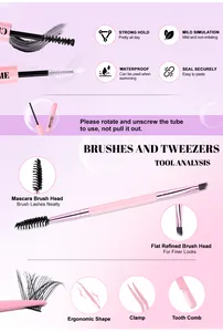 Pink lash extension tool kit including dual-ended brush, ergonomic tweezers and mascara