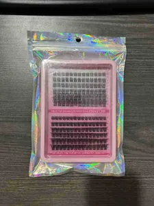 DIY cluster wimperset met gemengde lengtes in roze tray en holografische verpakking