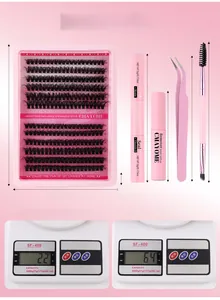 DIY eyelash extension kit showing pink tweezers, bond and seal, and lash tray dimensions