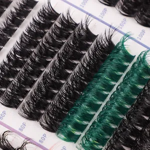 DIY individual cluster lash extensions in black and emerald green with curl