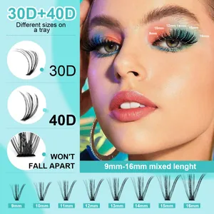Kit d'extension de cils DIY en grappes longueurs 9-16mm avec densité volume 30D 40D