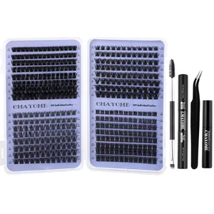 DIY individual lash extension kit with cluster lashes, glue, tweezers, and remover tool