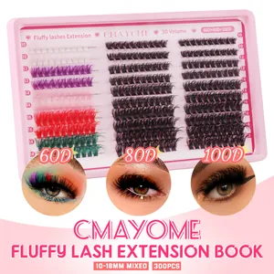 3D volume colored eyelash extensions kit with 60D 80D 100D clusters 10-18mm 300pcs
