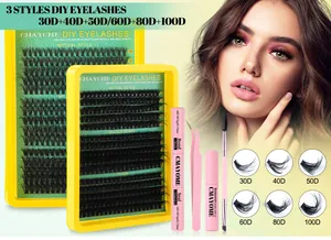 Macro view of eyelash kit with DD curl lashes, tweezers, and bond seal adhesive