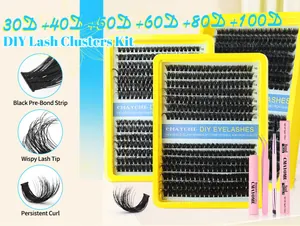Detail view of DIY lash extension kit with 30D-100D clusters and professional tools