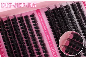 Detailed close-up of DIY lash extension kit showing curly black cluster eyelashes