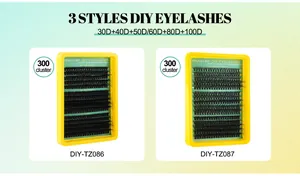 Detail of DIY eyelash kit showing 30D-100D density levels from natural to thick style