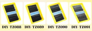 Macro view of four DIY eyelash extension kits with synthetic 10-15mm black fibers