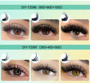 Comparison detail of D-curl cluster lashes showing 30D to 100D volume density options