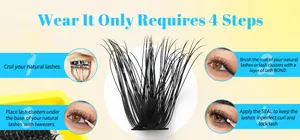 Step-by-step DIY eyelash extension guide with volume clusters and application tools