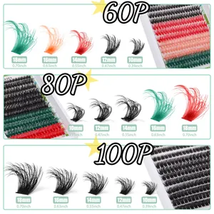 Detalle de racimos de pestañas postizas de colores en 10-18mm con opciones en verde y rojo
