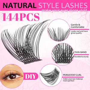DIY cluster eyelash extension kit with 144pcs natural curl thin band synthetic lashes