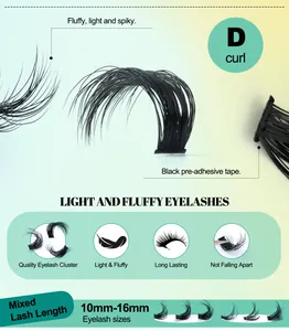 Detail of D curl black pre-adhesive eyelash clusters in 10-16mm mixed lengths