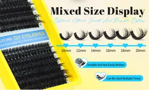 Detail view of DIY eyelash extension kit showing mixed lengths from 10mm to 20mm in box
