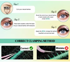 Detail showing lash cluster application steps with bond, seal, and metal tweezers set