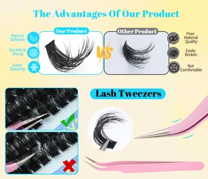 Detail showing natural softness and high elasticity of cluster lashes with tweezers