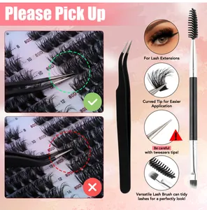 Detail view of 80D cluster lashes set with precision tweezers and dual-ended lash brush