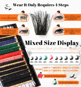 Detail guide of colored D-curl DIY cluster lashes with 10-18mm length and four-step tutorial