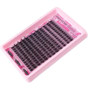 DIY cluster eyelash extension kit with 14-18mm fluffy wispy synthetic lashes on pink tray