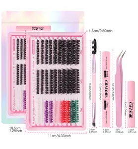 Detailed set of 60D 80D 100D colorful lash clusters with glue and removal tools