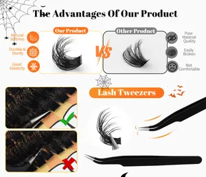 Detail showing two professional black tweezers and a DIY segmented eyelash cluster set