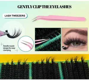 Detail view of DD curl thick false eyelashes mix with pink precision tweezers set