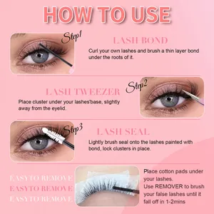 Lash extension kit instructions showing bond, tweezers, seal, and removal steps