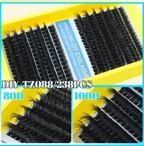 Detailed close-up of 80D and 100D DIY eyelash extension clusters in a 238pcs set