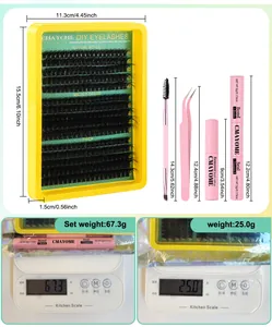DIY eyelash extension kit with glue, tweezers, brush, and mixed size DD curl lashes