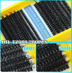 Detailed 280 clusters of 60D and 80D DIY lash extensions in 14mm to 20mm lengths