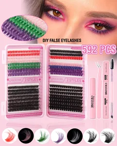 Λεπτομέρεια σετ βλεφαρίδων DIY με 592 τούφες 10-16mm, κόλλα, στεγανοποιητικό και έγχρωμες