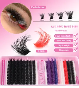 Λεπτομερής προβολή έγχρωμων βλεφαρίδων D-curl faux mink, ανάμεικτα μήκη 10-16 mm