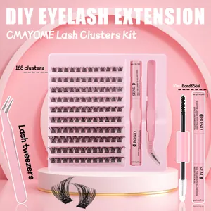 DIY eyelash extension kit with 168 clusters, pink tweezers, and 10ml bond and seal glue