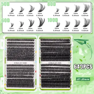Size chart showing DIY cluster lashes from 10mm to 16mm with 50D-100D density options