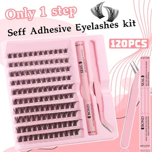 DIY individual eyelash clusters kit with 120pcs black fibers bond seal and pink tweezer