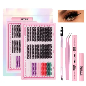 Colorful individual cluster lash kit with 60D-100D lashes, bond & seal, and tweezers