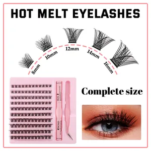 DIY individual cluster lashes set with pink tweezers, bond, seal, and mixed sizes